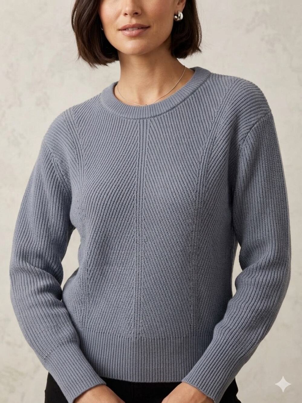 Premise Womens Crew Neck Pullover Sweater Diagonal Rib Blue Grey slimming Large